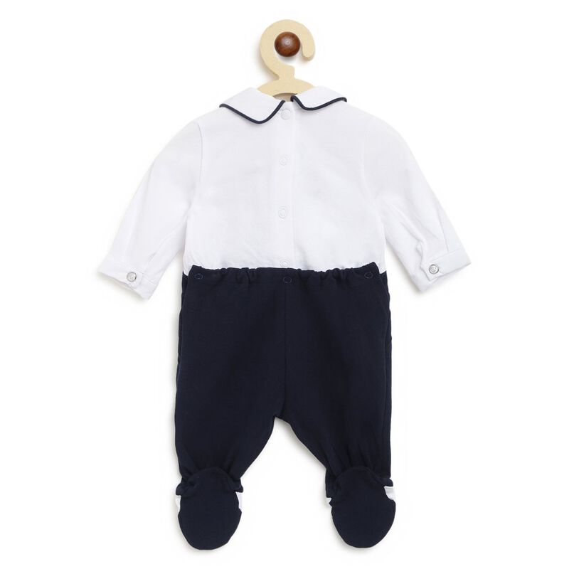 Boys White & Blue Solid Nappy Opening Babysuit image number null